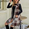 BITCED Women's Longline Blazer-Collar Sleeveless Knit Cardigan Check Jacquard Knitted Vest Outerwear Cardigan