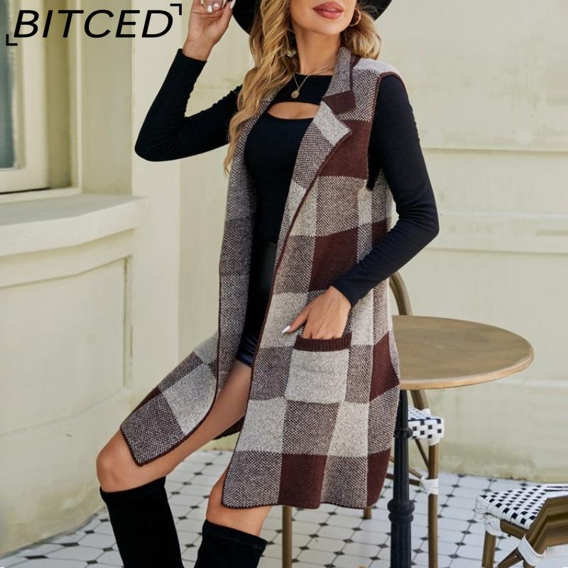 BITCED Women's Longline Blazer-Collar Sleeveless Knit Cardigan Check Jacquard Knitted Vest Outerwear Cardigan