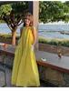 Elegant Yellow Sleeveless Halter Neck A-line Dress - Women's Retro Resort Style.