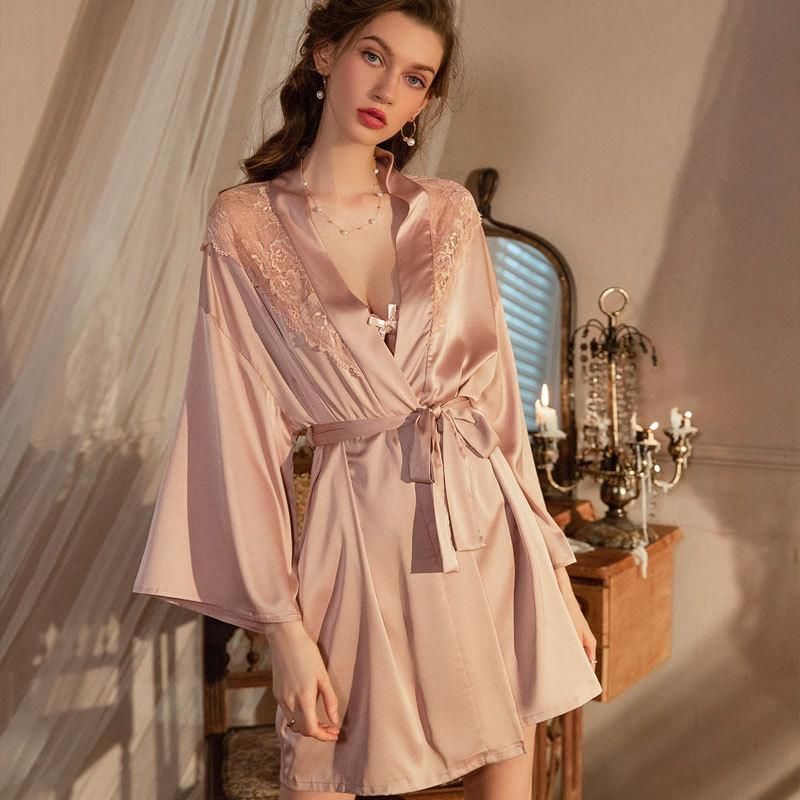 Pure Desire Style Silk-Like Robe, Sexy Pajamas, Erotic Lingerie, Lace Bathrobe, Silk Large Size Nightgown
