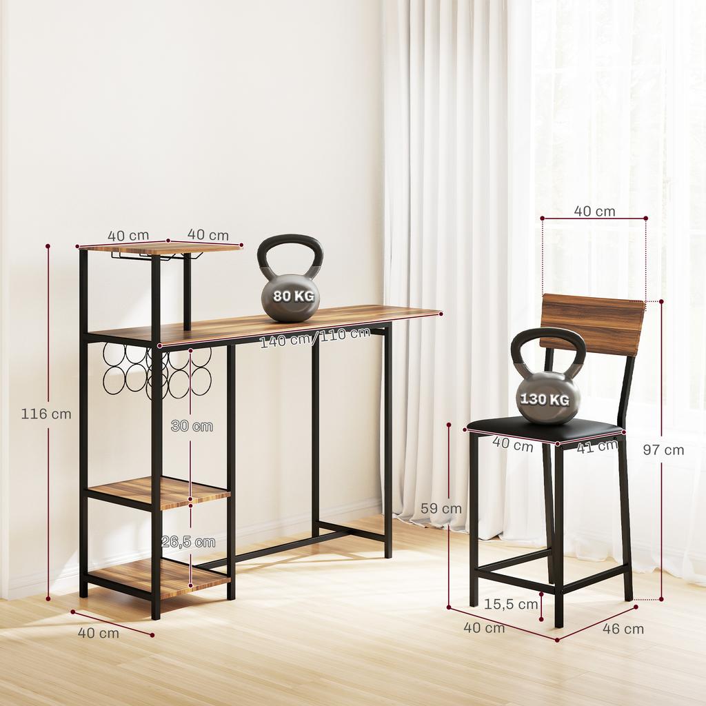 3-Piece Bar Table Set, 1 Bar Table, 2 Chairs, with Wine Rack, Glass Holder, Open Shelves, Footrests, Brown