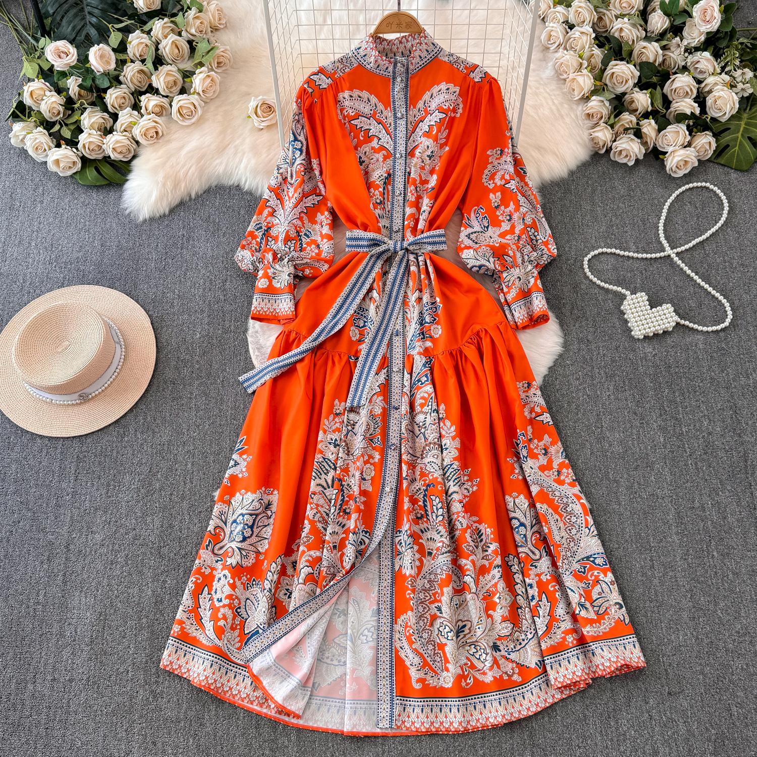 

Винтажное женское длинное платье весна-осень с цветочным принтом, воротник-стойка, элегантное однобортное платье со шнуровкой и поясом, плиссированное макси-платье One Size