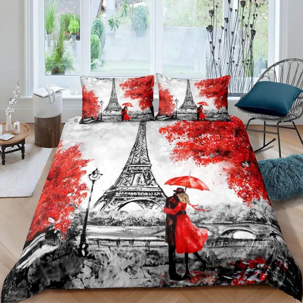 Paris Bettbezug-Set Queen Size Eiffelturm Bettwäsche-Set Mädchen Schwarz und Rosa Paris Deckenbezug Romantischer Französischer Bettdeckenbezug