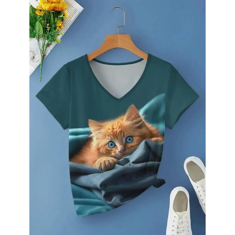 3D Printed Women's V-neck T-shirt with Kitten Pattern Versatile Summer Fresh Women's Edition T-shirt Breathable Machine Washed Outdoor Top