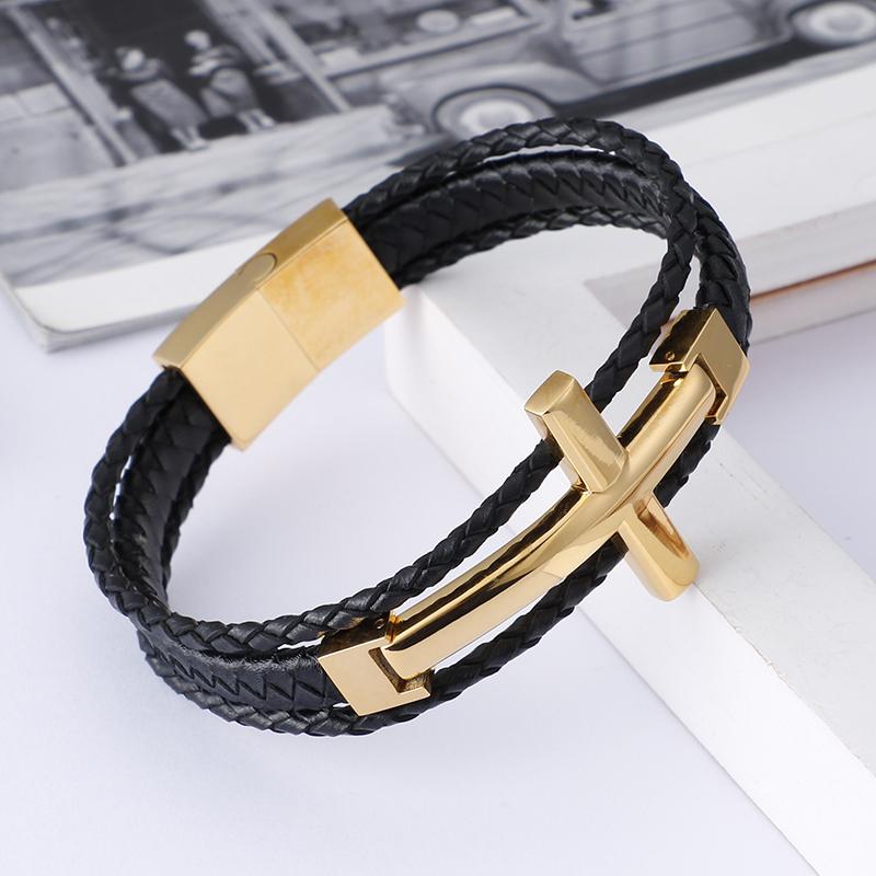 Triple Layered Cowhide Leather Bracelet Men Stainless Steel 22cm Cross Charm Armband Male Fashion Jewelry 2020
