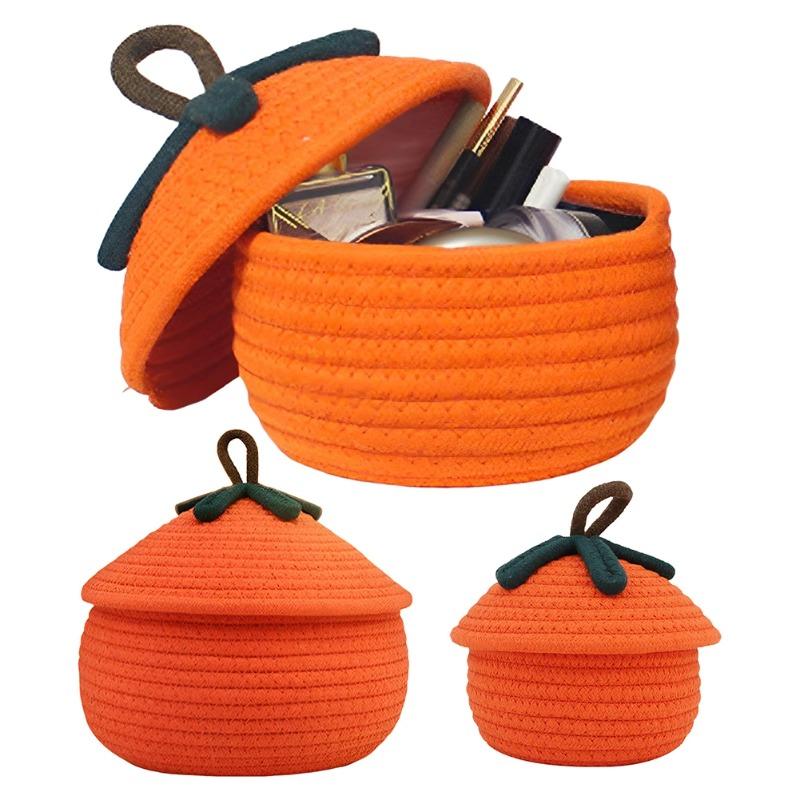 Halloween Woven Pumpkin Basket with Lid Pumpkin Gift Basket Multi-Function Candy Basket Decorative for Candy Snacks Toys