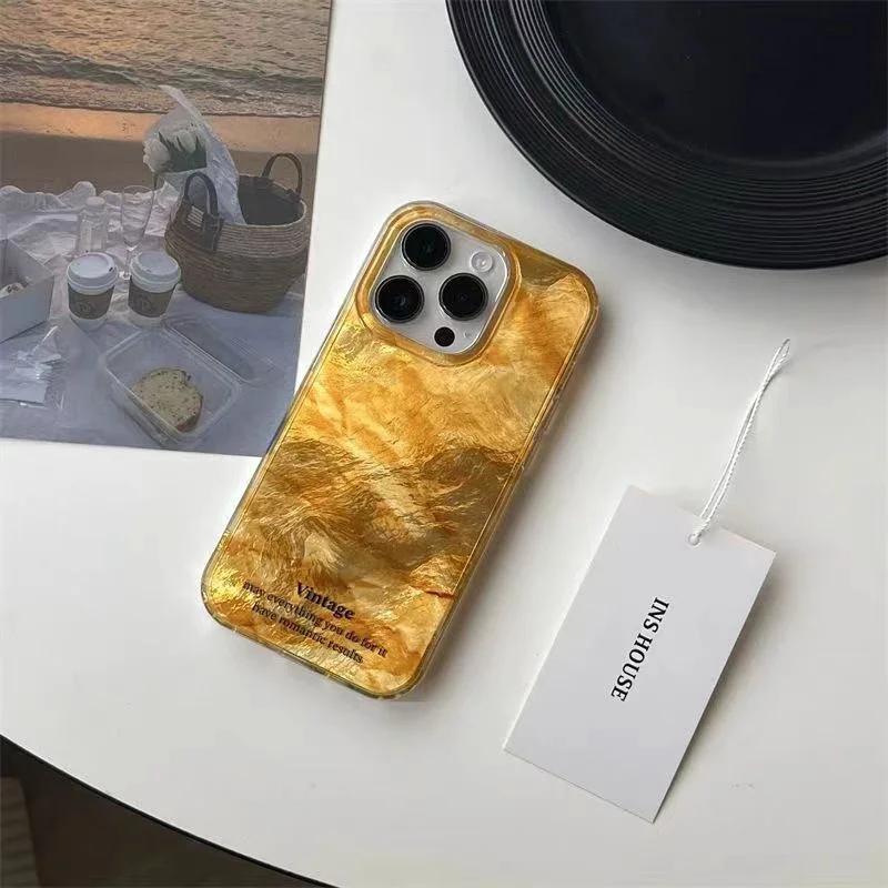 Golden Gradient Tinfoil Texture Phone Case for IPhone 16 14 15 11 12 13 Pro Max 7 8 Plus SE  XR X XS Couple Shockproof Cover