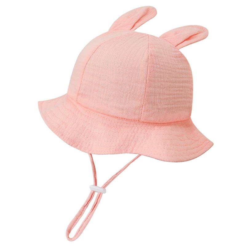 New Baby Gauze Basin Hat Baby Pleated Printed Bucket Hat Rabbit Ear Sun Hat 3-12M