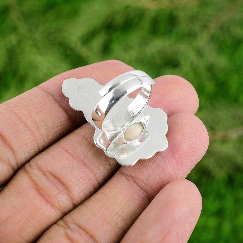 Sterling Silver Shiva Eye Shell Stone Statement Anniversary Flower Ring Jewelry