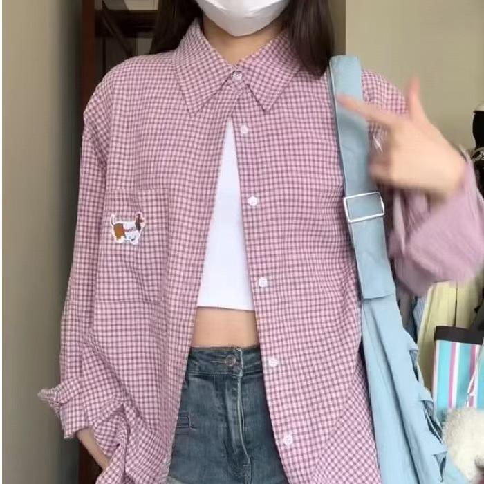 2025 Spring/Summer Women's Embroidered Plaid Shirt: Trendy Loose Layering Jacket