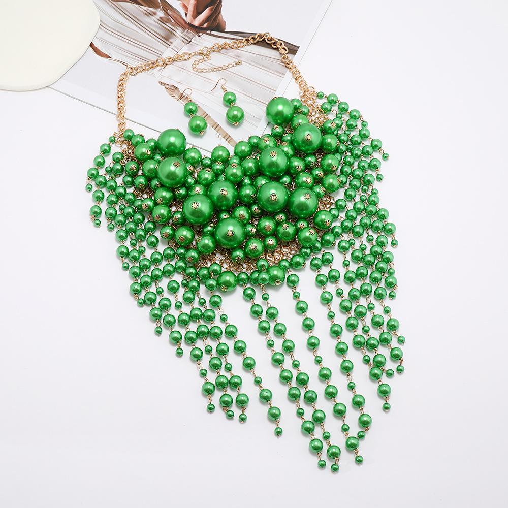 

Преувеличенное ювелирное ожерелье женское, многослойная цепочка на шею с бахромой из искусственного жемчуга, ювелирные изделия зелёный
