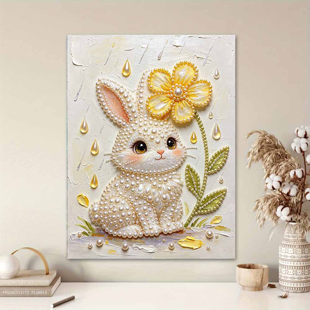 DIY Frameless Pearl Painting Kit Cute Bunny Flower 3D Shiny Bead Art Canvas Relaxing Creative Craft for Home Wall Decor Gift