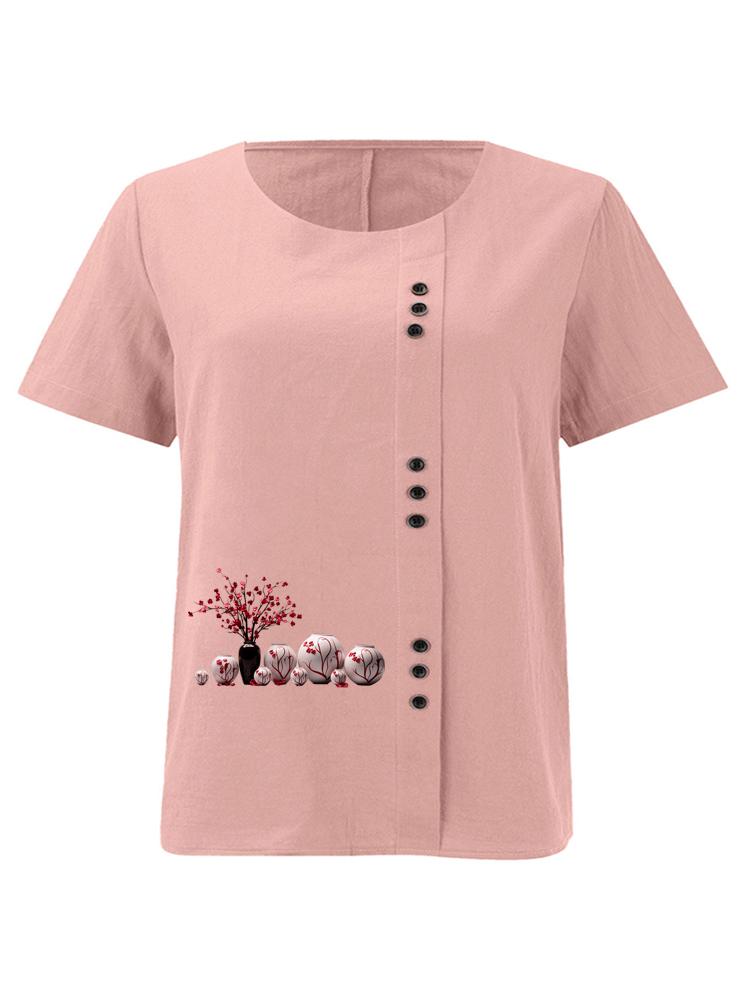 

Women s Fashion Vase Print Casual Cotton Linen Short Sleeve Round Neck T-shirt Shirt Leisure Loose Summer Blouse Tops S розовый