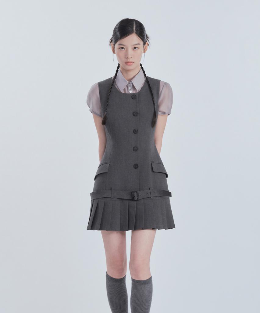 Mausolleum Sleeveless Pleated Suit Dress - Dark Gray