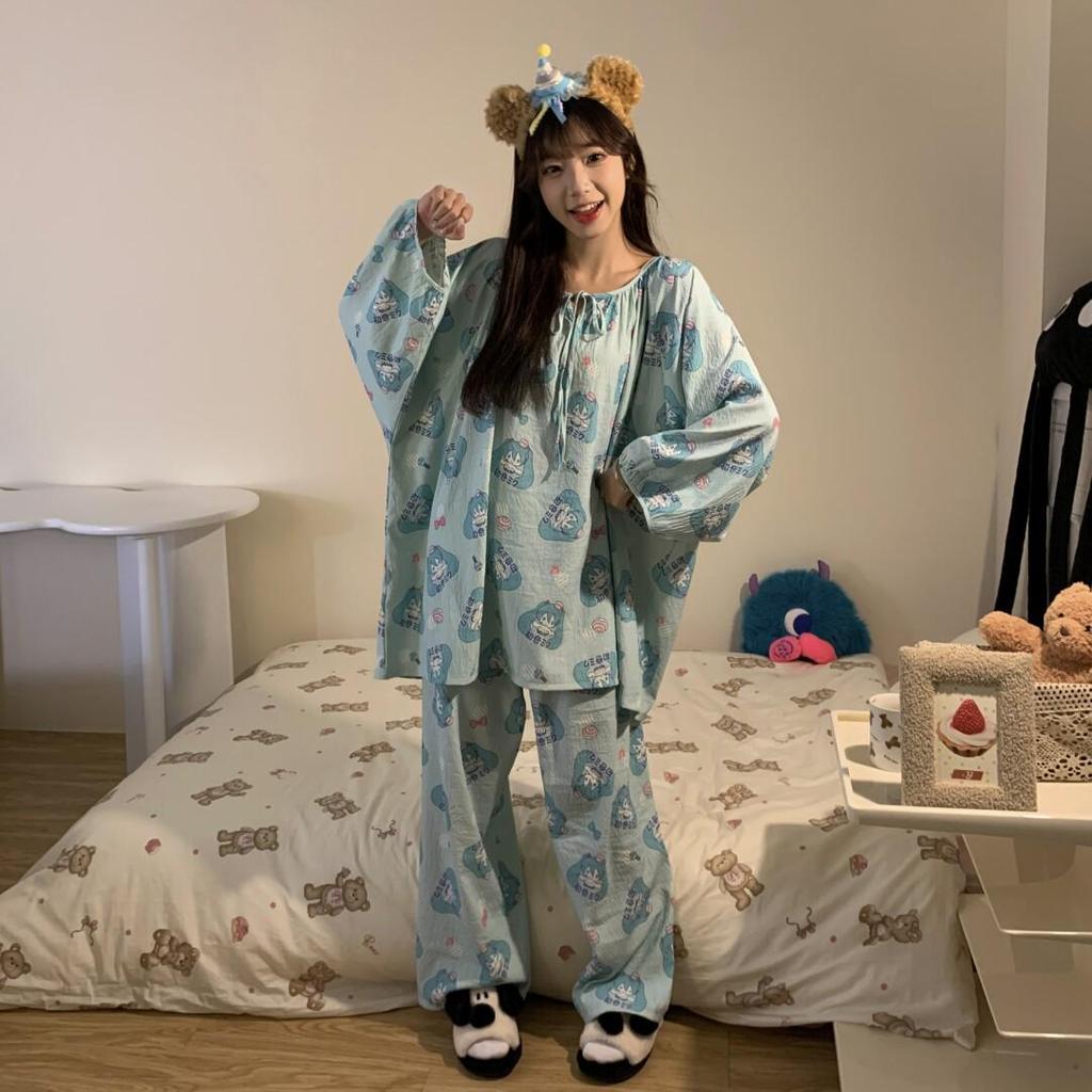 Women's Sweet Pure Cotton Pajama Set - Round Neck, Long Sleeve, Long Pants, Comfortable Home Wear for Spring & Autumn