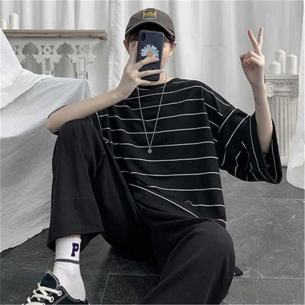 Summer Oversized T-Shirt Men Funny Harajuku T-shirt Streetwear Femme Striped Hip Hop Loose Half Sleeve T-Shirts Male