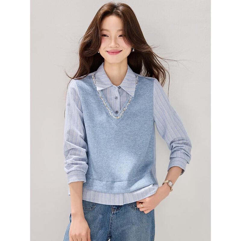 La Chapelle Women's Faux Two-Piece Knit Long-Sleeve T-Shirt