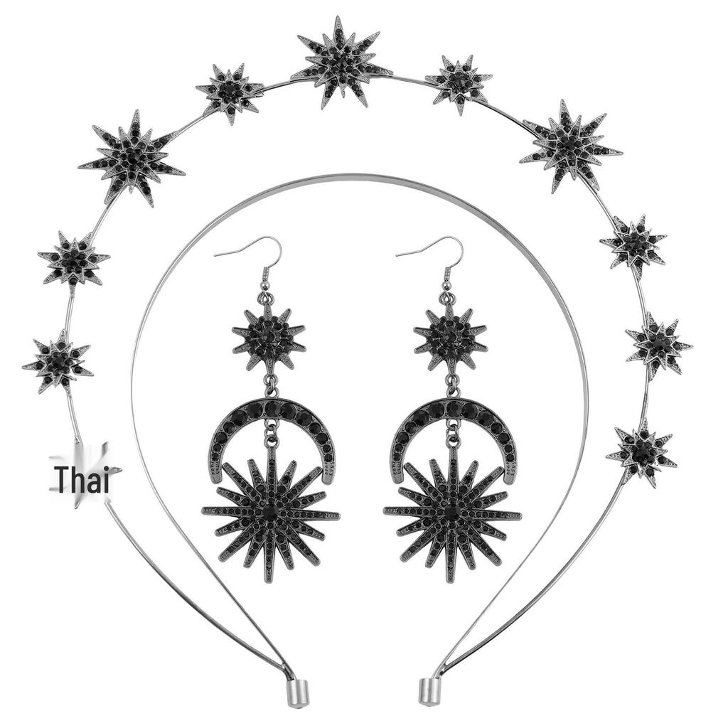 Baroque Sun & Moon Earrings Set with Halo Headband, Double-Layer Star Design & Sparkling Long Earrings