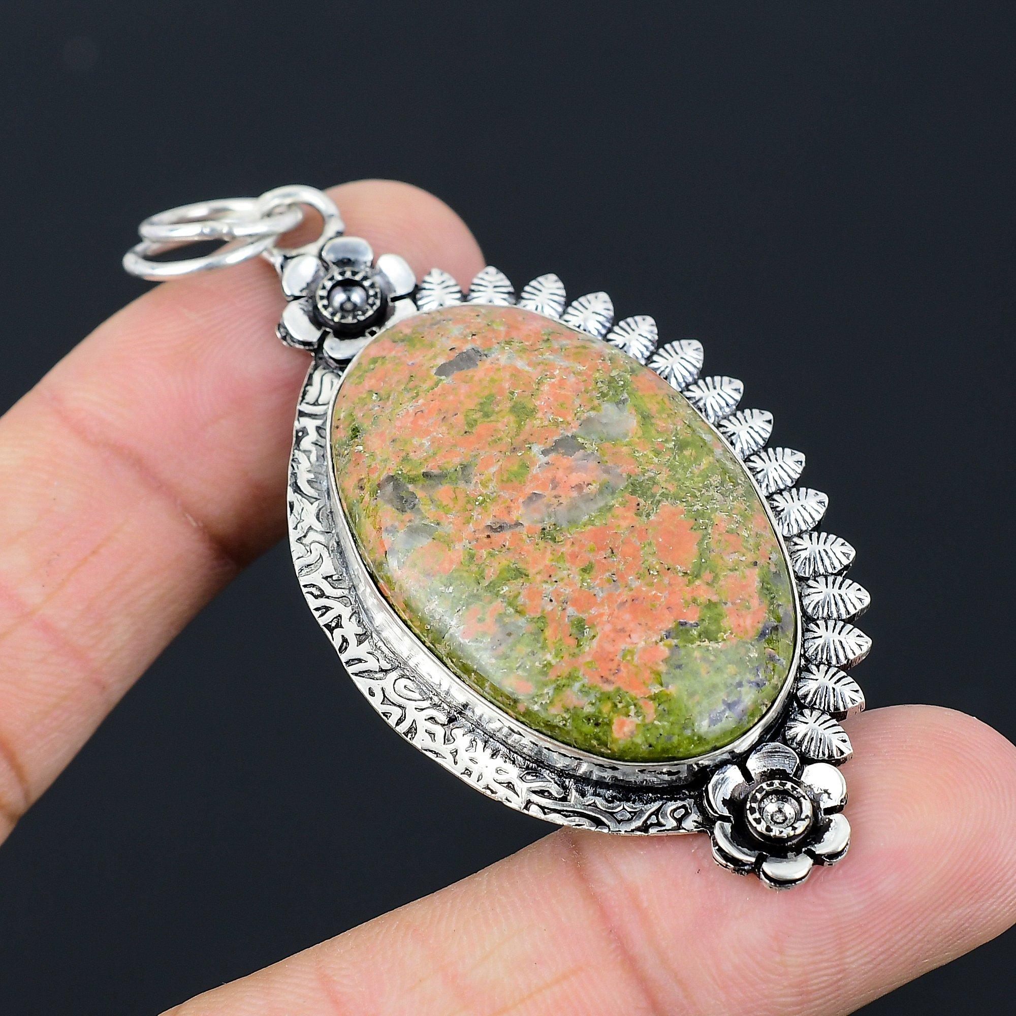 Natural Unakite Gemstone Jewelry 925 Sterling Silver Pendant Flower For Women