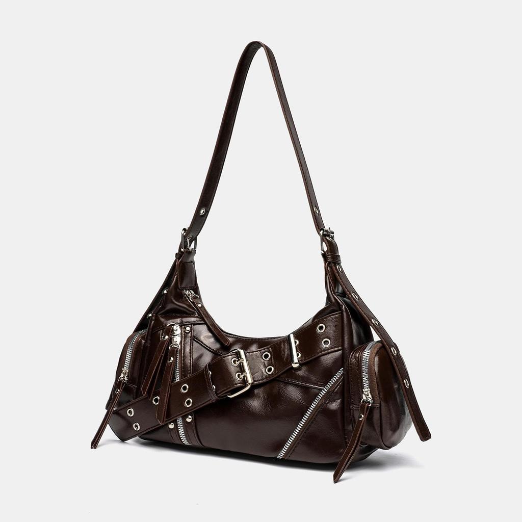 Women's Punk Motorcycle Distressed Leather Crossbody Bag with Multi-Buckle Straps and Rivet Design