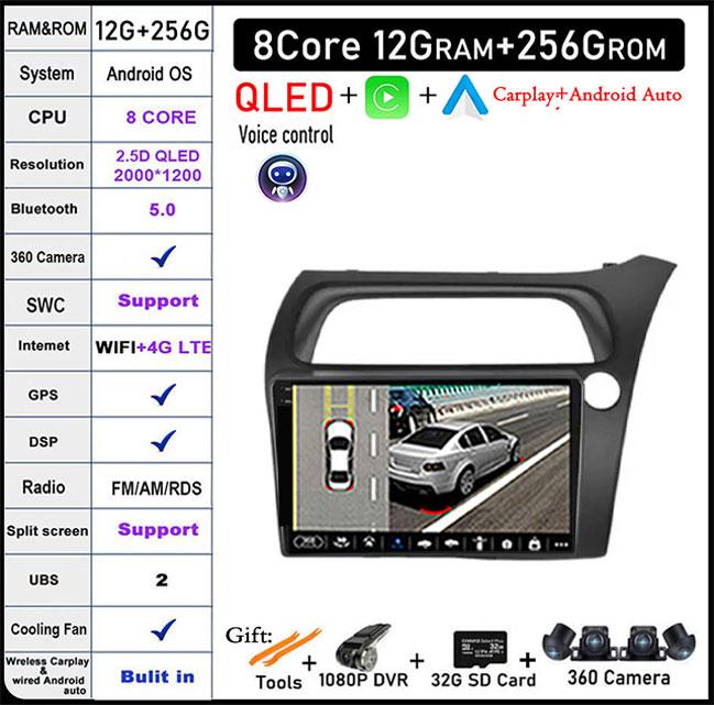 9 Lnch Android 14 For Honda Civic Hatchback 2006-2011 Car Radio Player Video Multimedia Carplay IPS DPS Navigation DSP Screen