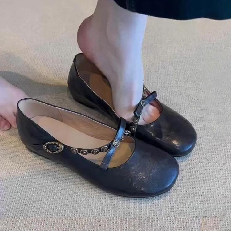Sheepskin version~ French retro shallow mouth one-word buckle bow single shoes flat leather one-pedal Mary Jane shoes women