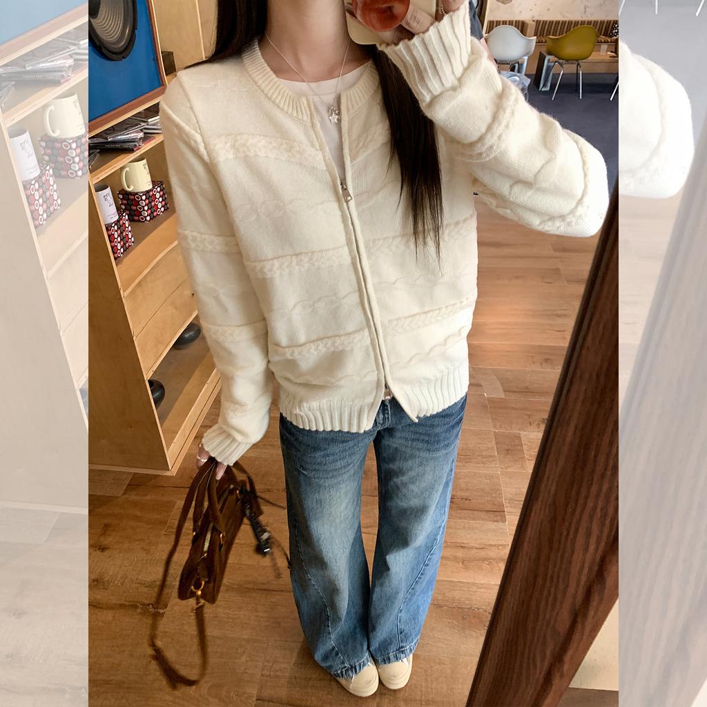 White Lazy Zipper Cardigan Jacket Women's Autumn and Winter Wear Top Loose Design Knitted Sweater