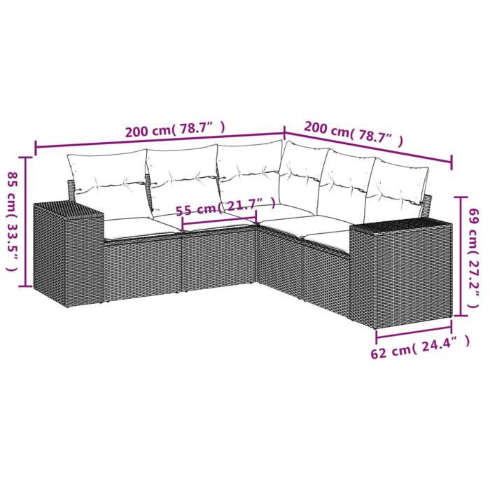 VidaXL Salon de Jardin avec Coussins 5 pcs, Canapés de Terrasse, Ensemble de Meubles de Patio, Mobilier d'Extérieur, Marron 3254890