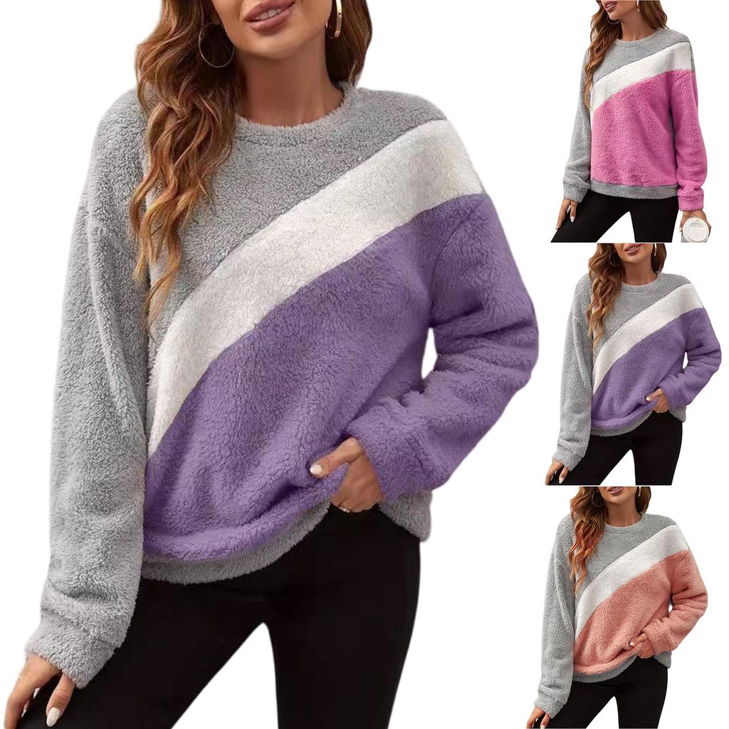 Women's Fashion Casual Round Neck Contrasting Color Drop Shoulder Sleeve Fleece Long Sleeve Pullover Top