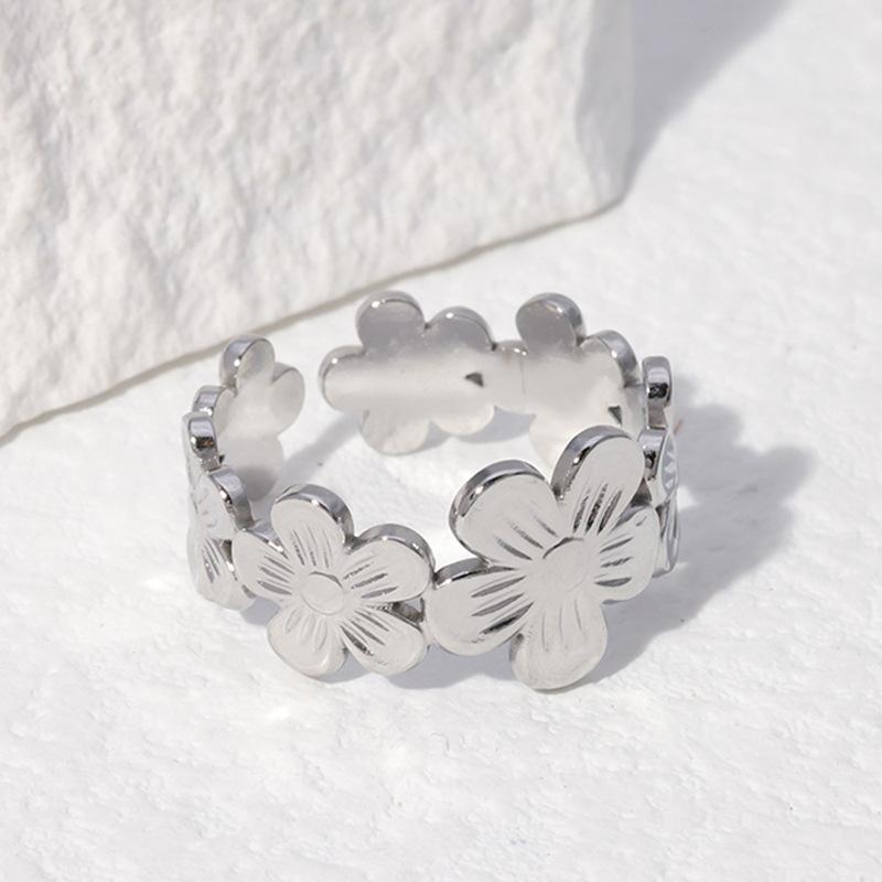 Stainless Steel Vintage Flower Rings Gold Silver Color Adjustable Open Finger Rings for Women Girls Accessories Gifts