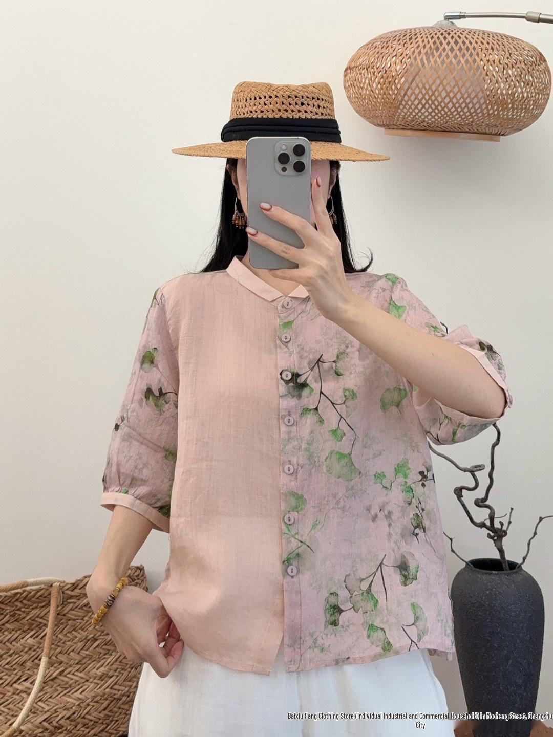 

Embroidered Women s Linen Shirt - Summer 2026, Artistic Chinese Style, Small Lapel, Five-Point Sleeves One Size