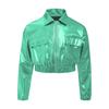Unisex Kids Metallic Shiny Jacket Turn Down Collar Long Sleeves Flap Pockets Dance Coat