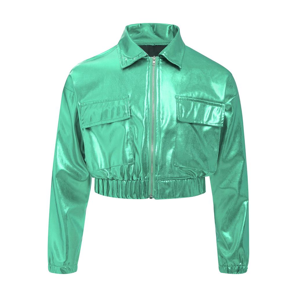 Unisex Kids Metallic Shiny Jacket Turn Down Collar Long Sleeves Flap Pockets Dance Coat