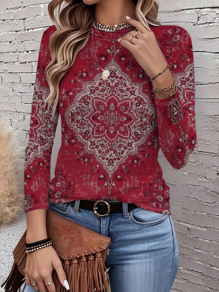 Women's T-Shirts Spring Autumn Bohemian Style Fashion Casual Vintage Pattern Female Long Sleeve T-Shirt Loose Womens Clothing