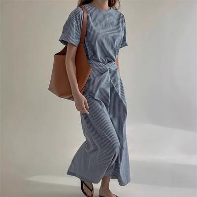Designed Cross-strap French Waist Dress Women's Summer New Slim Short-sleeved Striped Long Skirt