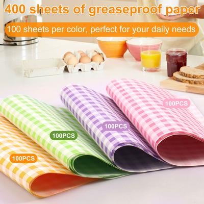 400 stuks vetvrije papieren liners sandwich inpakpapier 4 kleuren waspapier vellen voor BBQ picknick festival feest fastfood