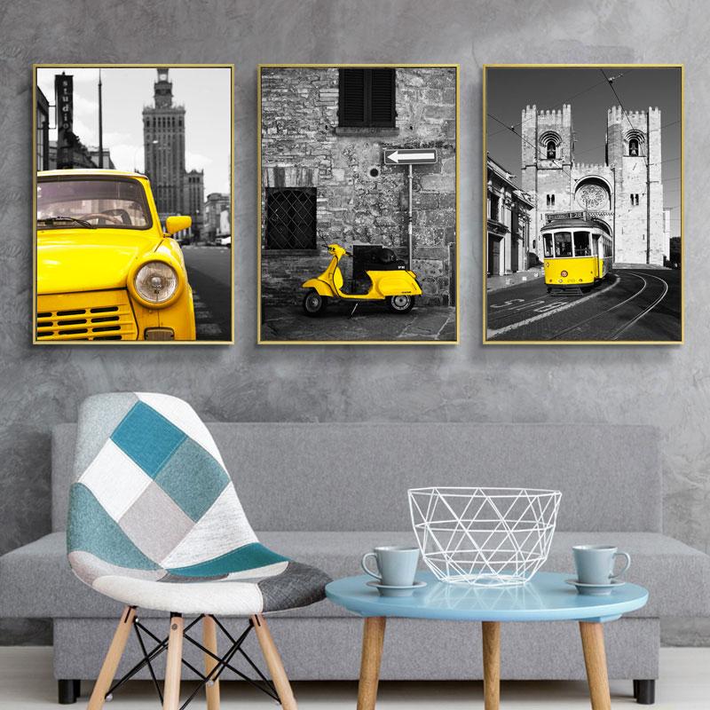 Canvas Painting,Historic Building Retro Yellow Car,Vintage Style,Office Home Decor Picture Painting, Festival Gift