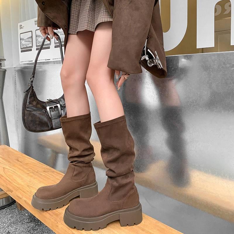 Autumn and winter leather knight boots women's sleeve cowhide large size women's boots solid color non-slip cowhide high heel thick-soled high boots
