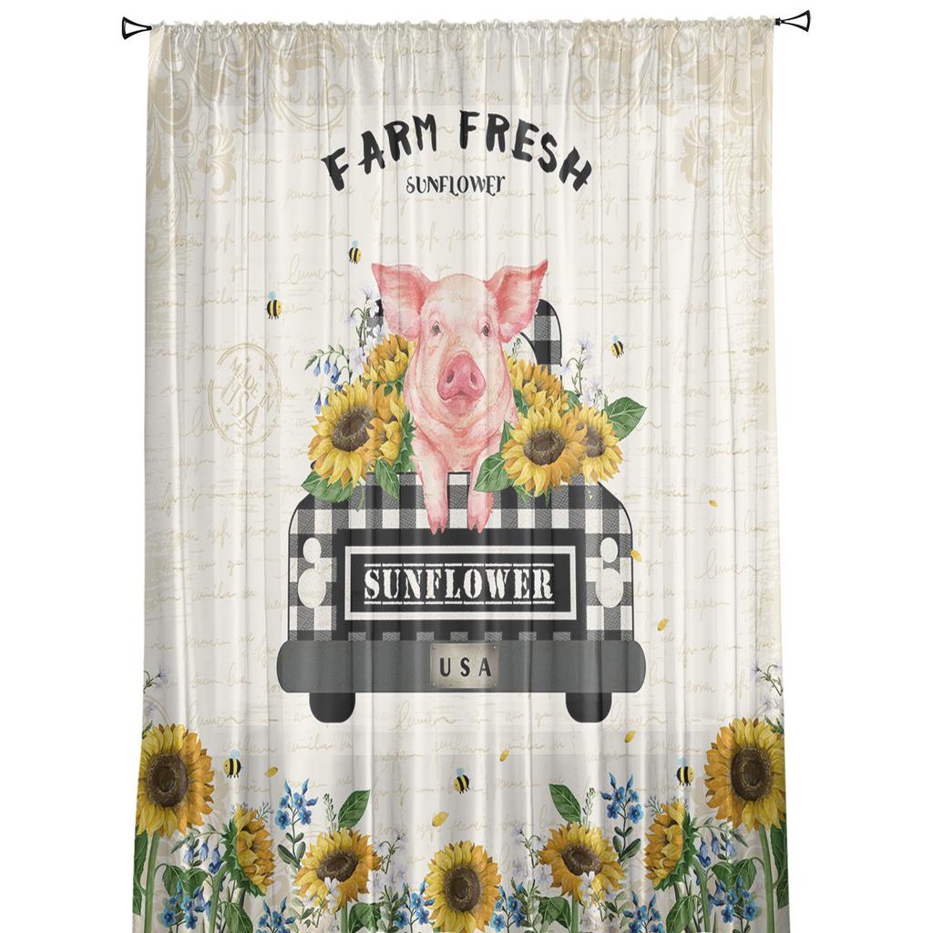 Farm Sunflower Pig Vintage Letter Background Sheer Curtains for Living Room Modern Bedroom Voile Tulle Curtain Window Drapes