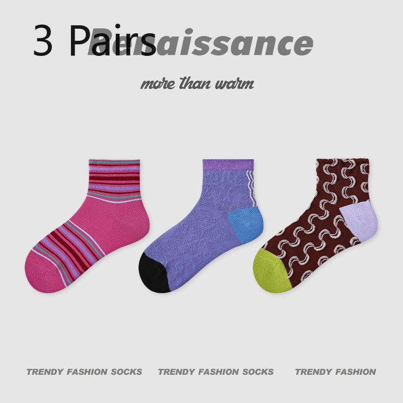 3 Pairs of Women's Summer Thin Geometric Design Breathable Stripe Low Top Socks