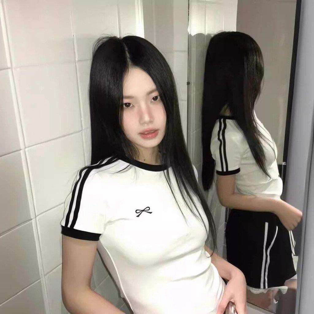 Contrast Embroidered Bow Crop Top Women Casual Striped Print Short Sleeve Slim White T Shirts Casual Streetwear Y2k Tees