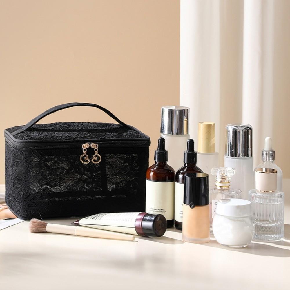 Elegant Portable Makeup Bag Lace Floral Pattern Travel Toiletry Pouch with Handle Large Capacity Handbag for Women