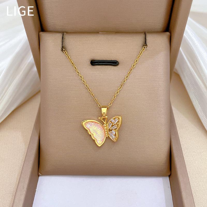 Necklace Earrings Set Light Luxury Full Of Diamonds Pink Butterfly Personality Temperament Banquet Earrings Item Group