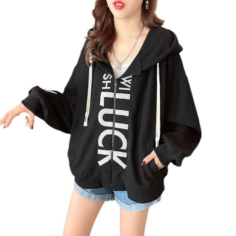 Jachetă Casual de Toamnă pentru Femei, Largă, cu Mâneci Lungi, cu Glugă, Imprimeu cu Litere