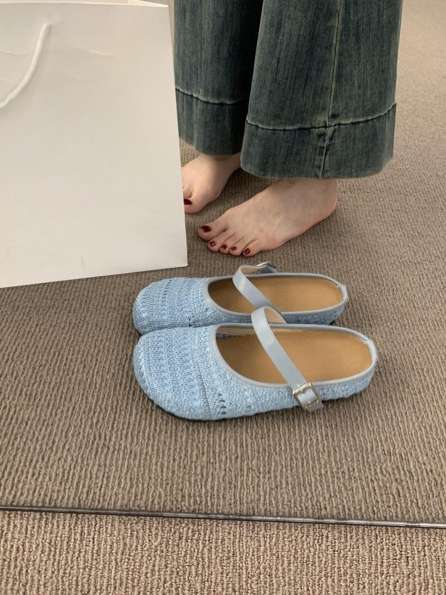 

Fashion Women s Half Slippers 2025 Spring Summer New Vintage Fly Weave Baotou Flats Fashion Square Button Slip on Outdoor Casual Sandals 35 синий