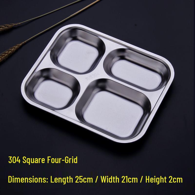 304 Stainless Steel Drop-Proof Square Dinner Plate for Kids with Four Compartments
