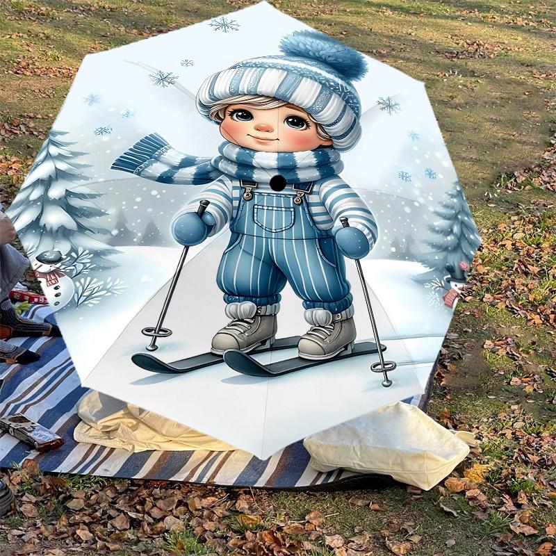 1PC Winter snowflakeAutomatic Open/Close Umbrella with Windproof, 8-Rib Sturdy Canopy, Durable Ribs, Fashionable Design, Outdoor Accessory, Fun Prin,