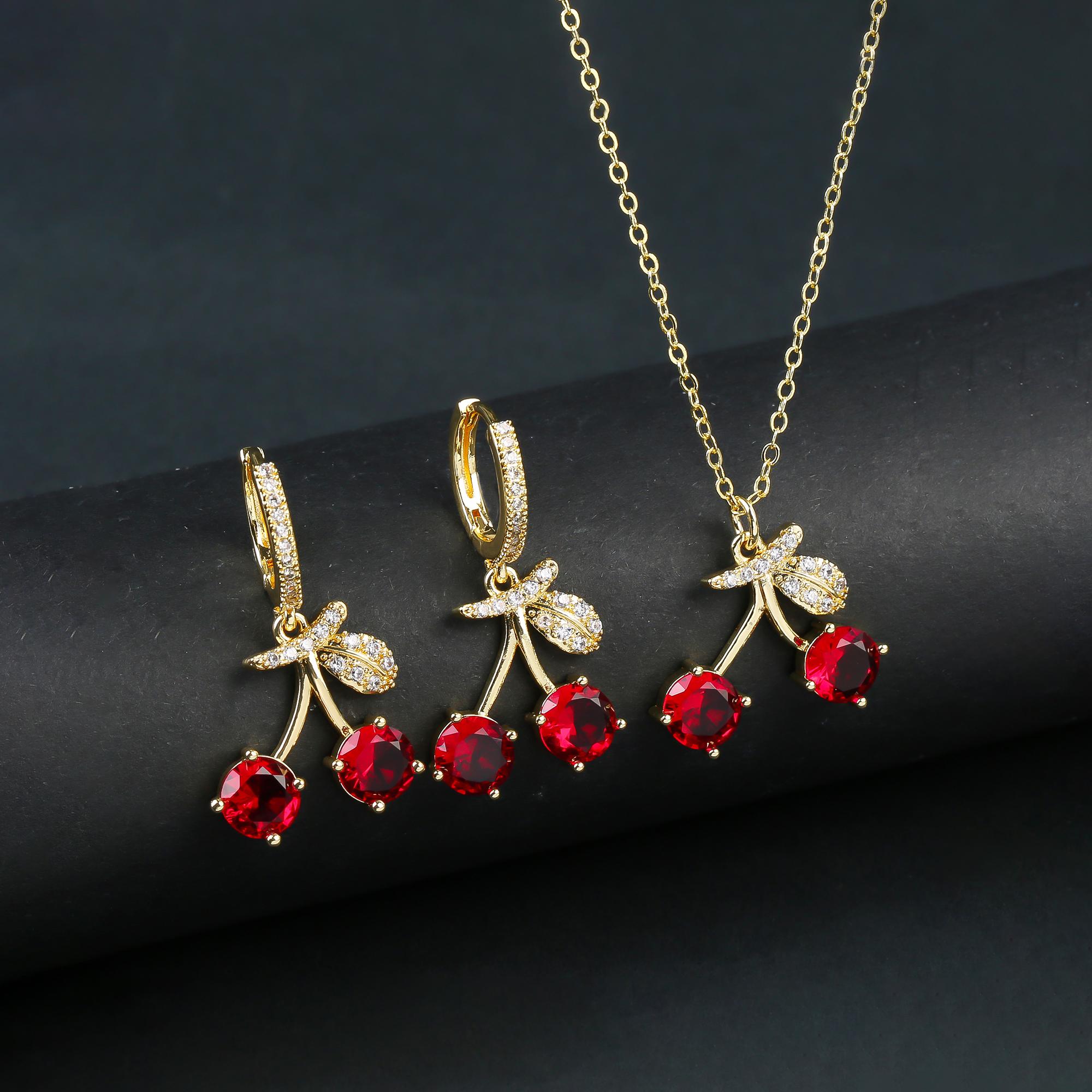 

Light Luxury Crystal Zirconia Red Cherry Zircon Set Earrings Necklace for Women Girls Sweet Zircon Accessories Party Gifts
