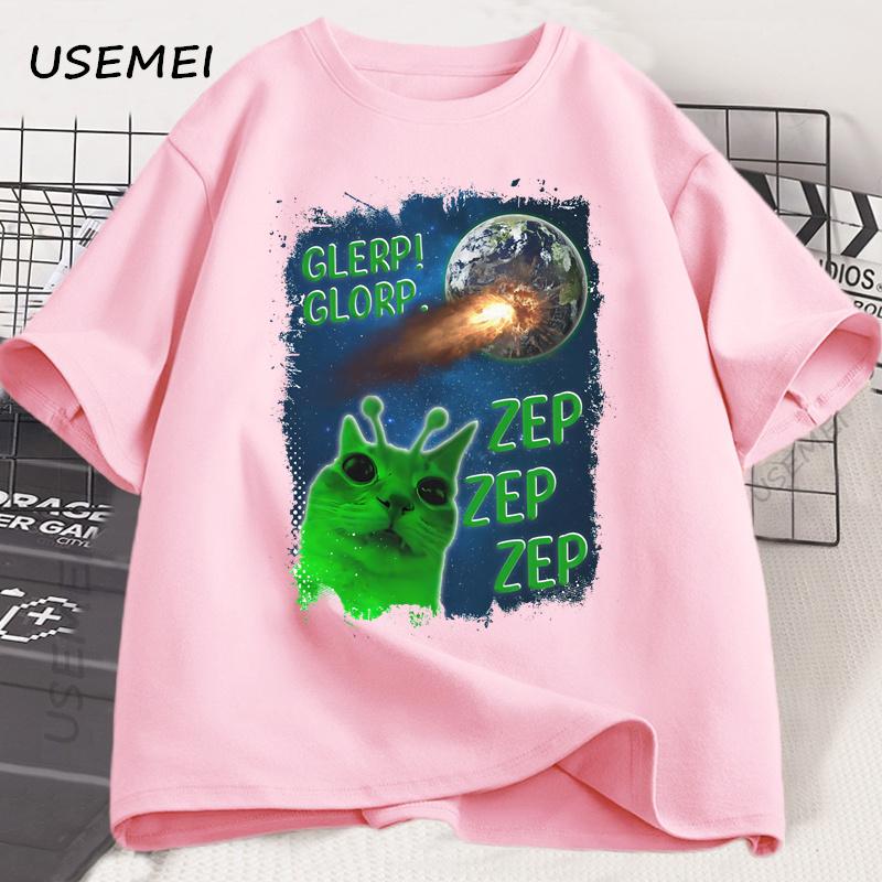 Funny Alien Cat T-Shirt Men Women Humor Brainrot T Shirt Silly Cats Joke T Shirts Cotton Short Sleeve Harajuku Tees Streetwear