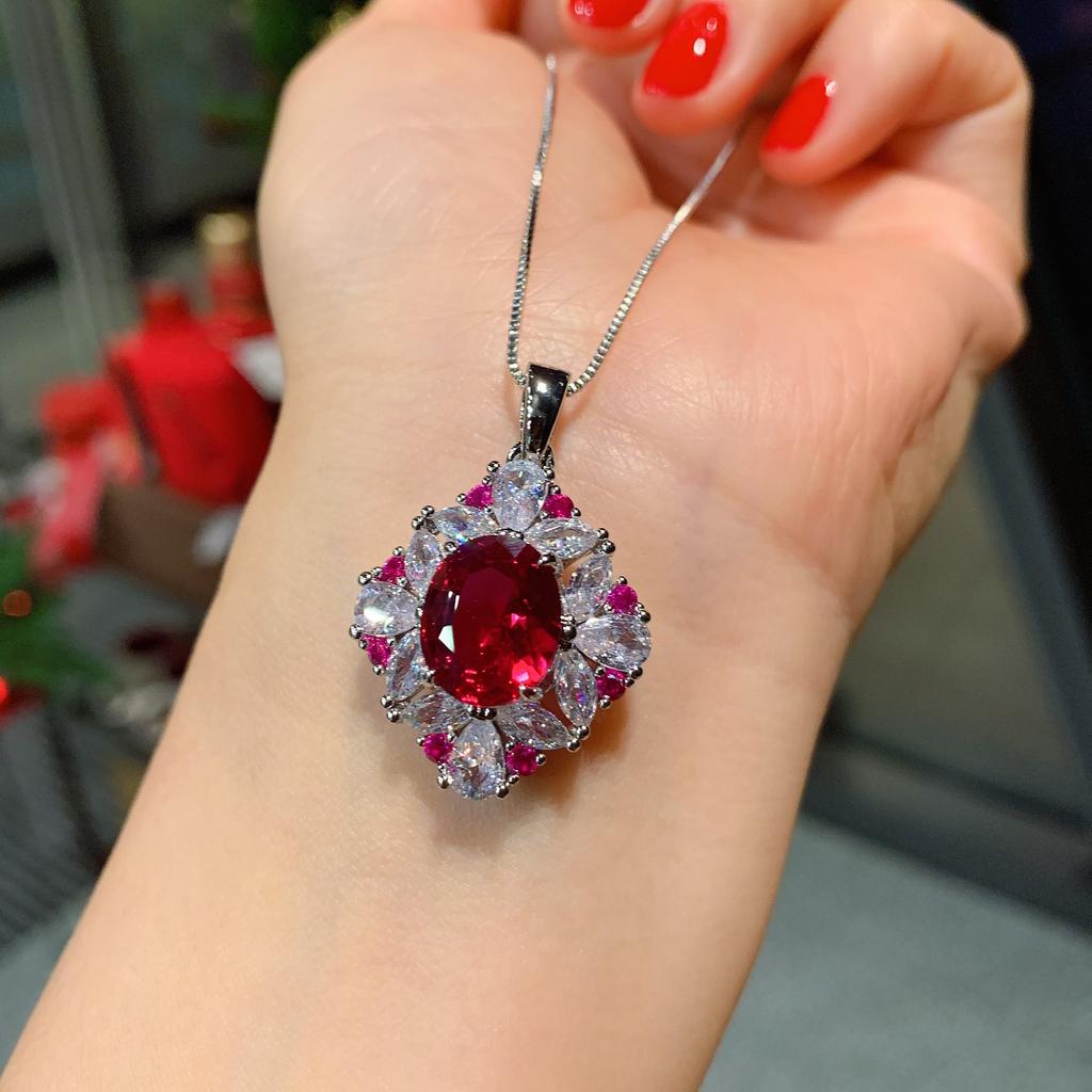 Jewelry Popular Simulation Red Glass Denier Pendant Ring 10 * 12 Stud Earrings 6 * 8 Set